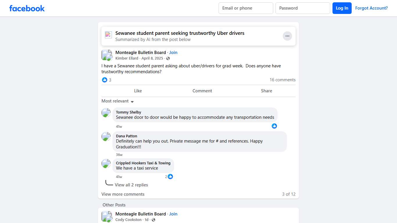 Monteagle Bulletin Board I have a Sewanee student parent asking about uber/drivers for grad week Facebook